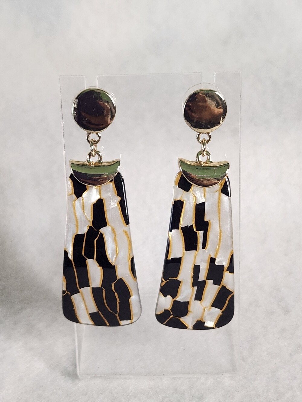 Black & White Faux Marble Acrylic Drop Earrings | Gold Tone Post Earrings